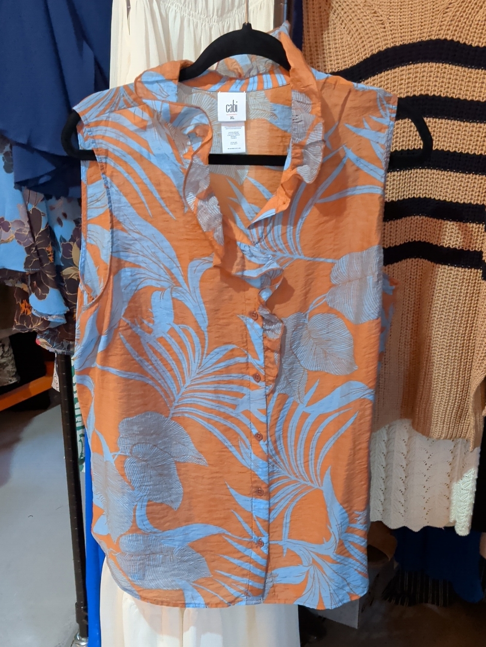 CAbi Orange & Light Blue Sleeveless Ruffle-Trim Button Top